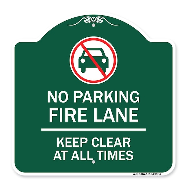 Fire Lane Keep Clear All Times W/ Graphic, Green & White Aluminum Sign, 18" x 18", GW-1818-23984